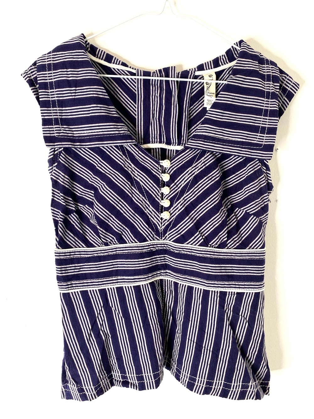 Anthropologie Floreat Navy Striped Cotton Peplum Top Sailor Collar